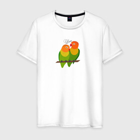 Мужская футболка хлопок с принтом Неразлучники в Санкт-Петербурге, 100% хлопок | прямой крой, круглый вырез горловины, длина до линии бедер, слегка спущенное плечо. | любовь | неразлучники | пара | попугаи | попугай | попугайчики | семейная пара