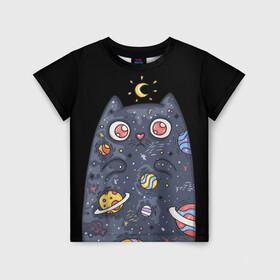 Детская футболка 3D с принтом КОСМИЧЕСКИЙ КОТ в Санкт-Петербурге, 100% гипоаллергенный полиэфир | прямой крой, круглый вырез горловины, длина до линии бедер, чуть спущенное плечо, ткань немного тянется | артемис | астероиды | вселенная | галактика | диана | звезды | кометы | космос | кот | котенок | котик | луна | месяц | ночь | планеты | сейлор мун | туманность | черная кошка