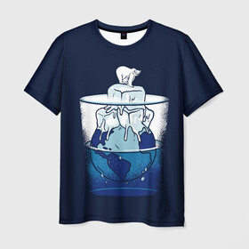 Мужская футболка 3D с принтом Polar Ice Bear в Санкт-Петербурге, 100% полиэфир | прямой крой, круглый вырез горловины, длина до линии бедер | Тематика изображения на принте: north pole | planet | water | антарктида | антарктика | арктика | белый медведь | в стакане | вода | земля | кубики льда | лед | льдина | льдинка | медведица | медвежонок | на льдине | наполовину полон | планета