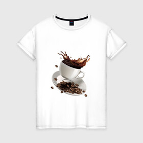 Женская футболка хлопок с принтом Кофеек в Санкт-Петербурге, 100% хлопок | прямой крой, круглый вырез горловины, длина до линии бедер, слегка спущенное плечо | бодрящий напиток | зерна | чашка