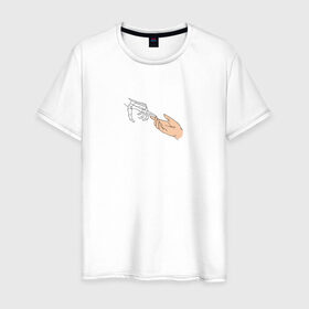 Мужская футболка хлопок с принтом The Creation of Adam в Санкт-Петербурге, 100% хлопок | прямой крой, круглый вырез горловины, длина до линии бедер, слегка спущенное плечо. | искусство | микеланджело | руки | скелет | сотворение адама