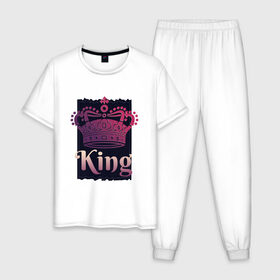 Мужская пижама хлопок с принтом King Король Корона в Санкт-Петербурге, 100% хлопок | брюки и футболка прямого кроя, без карманов, на брюках мягкая резинка на поясе и по низу штанин
 | 23 февраля | chess | crown | duke | for man | gradient | king | man | pink | purple | russian | true king | tsar | всея руси | градиент | для мужчины | для парня | князь | настоящий король | парень | прикол | русский | русь | царевич | ца