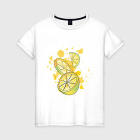 Женская футболка хлопок с принтом Лимон и Лайм в Санкт-Петербурге, 100% хлопок | прямой крой, круглый вырез горловины, длина до линии бедер, слегка спущенное плечо | Тематика изображения на принте: art | food | juice | juicy | lemon | lime | summer | watercolor | watercolour | акварель | акварельные фрукты | арт | брызги | витамин с | еда | желтый лимон | зеленый лайм | иллюстрация | лето | правильное питание | природа | рисунок