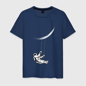 Мужская футболка хлопок с принтом Астронавт Луна на качелях в Санкт-Петербурге, 100% хлопок | прямой крой, круглый вырез горловины, длина до линии бедер, слегка спущенное плечо. | art | astronaut | cosmonaut | galaxy | moon | moonlight | nasa | space | арт | в космосе | галактика | звезды | качается на качелях | качели | космонавт | космос | луна | луны | поверхность | полумесяц | прикол | пузыри | рисунок