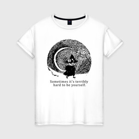 Женская футболка хлопок с принтом Snafkin в Санкт-Петербурге, 100% хлопок | прямой крой, круглый вырез горловины, длина до линии бедер, слегка спущенное плечо | moominmamma | moominpappa | moomintroll | snafkin | муми тролль | муми цитаты | снусмумрик | цитаты