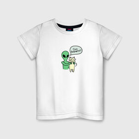 Детская футболка хлопок с принтом Оно вибрирует! в Санкт-Петербурге, 100% хлопок | круглый вырез горловины, полуприлегающий силуэт, длина до линии бедер | alien | инопланетянин | кот | котик | кошка | нло | прикол | пришелец | юмор