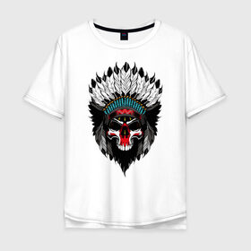 Мужская футболка хлопок Oversize с принтом Индейский череп в Санкт-Петербурге, 100% хлопок | свободный крой, круглый ворот, “спинка” длиннее передней части | индеец | перья | череп | череп с перьями