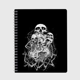 Тетрадь с принтом ЧЕРЕПА в Санкт-Петербурге, 100% бумага | 48 листов, плотность листов — 60 г/м2, плотность картонной обложки — 250 г/м2. Листы скреплены сбоку удобной пружинной спиралью. Уголки страниц и обложки скругленные. Цвет линий — светло-серый
 | Тематика изображения на принте: black | death | horror | metal | skull | white | арт | белый | зомби | кости | паутина | скелет | череп | черный