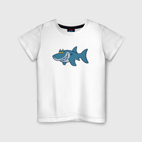Детская футболка хлопок с принтом АКУЛЕНОК в Санкт-Петербурге, 100% хлопок | круглый вырез горловины, полуприлегающий силуэт, длина до линии бедер | Тематика изображения на принте: fish | megalodon | shark | teeth | white shark | акула | белая акула | зубы | мегалодон | рыба