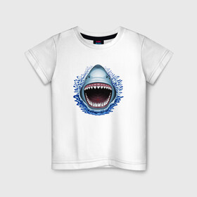 Детская футболка хлопок с принтом АКУЛА ЧЕЛЮСТИ в Санкт-Петербурге, 100% хлопок | круглый вырез горловины, полуприлегающий силуэт, длина до линии бедер | fish | jaws | megalodon | shark | teeth | white shark | акула | белая акула | зубы | клыки | мегалодон | пасть | рот | рыба | челюсти