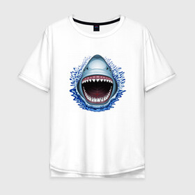 Мужская футболка хлопок Oversize с принтом АКУЛА ЧЕЛЮСТИ в Санкт-Петербурге, 100% хлопок | свободный крой, круглый ворот, “спинка” длиннее передней части | Тематика изображения на принте: fish | jaws | megalodon | shark | teeth | white shark | акула | белая акула | зубы | клыки | мегалодон | пасть | рот | рыба | челюсти