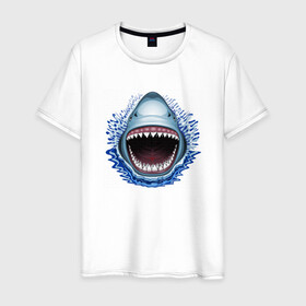 Мужская футболка хлопок с принтом АКУЛА ЧЕЛЮСТИ в Санкт-Петербурге, 100% хлопок | прямой крой, круглый вырез горловины, длина до линии бедер, слегка спущенное плечо. | Тематика изображения на принте: fish | jaws | megalodon | shark | teeth | white shark | акула | белая акула | зубы | клыки | мегалодон | пасть | рот | рыба | челюсти
