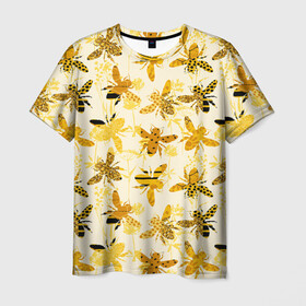 Мужская футболка 3D с принтом Разные Пчелы в Санкт-Петербурге, 100% полиэфир | прямой крой, круглый вырез горловины, длина до линии бедер | bee | букет | животные | крылья | медовый | насекомые | паттерн | полосатый | пятна | соты | текстура | узор | цветы