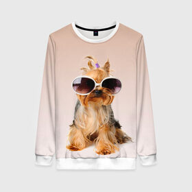 Женский свитшот 3D с принтом собака в очках в Санкт-Петербурге, 100% полиэстер с мягким внутренним слоем | круглый вырез горловины, мягкая резинка на манжетах и поясе, свободная посадка по фигуре | лето | маленткая | мода | отдых | очки | собака | солнечные очки | солнцезащитные очки | хвостик