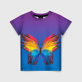 Детская футболка 3D с принтом красочная бабочка в Санкт-Петербурге, 100% гипоаллергенный полиэфир | прямой крой, круглый вырез горловины, длина до линии бедер, чуть спущенное плечо, ткань немного тянется | абстрактное искусство | бабочка | беспозвоночные | брызги | градиент | краска | красочная | крылья | лето | мотыльки и бабочки | насекомое | радуга | ярко