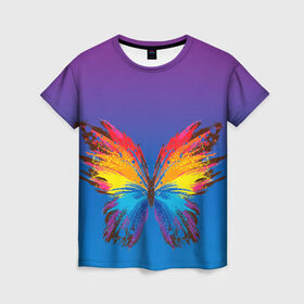 Женская футболка 3D с принтом красочная бабочка в Санкт-Петербурге, 100% полиэфир ( синтетическое хлопкоподобное полотно) | прямой крой, круглый вырез горловины, длина до линии бедер | абстрактное искусство | бабочка | беспозвоночные | брызги | градиент | краска | красочная | крылья | лето | мотыльки и бабочки | насекомое | радуга | ярко