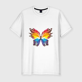 Мужская футболка хлопок Slim с принтом бабочка краской в Санкт-Петербурге, 92% хлопок, 8% лайкра | приталенный силуэт, круглый вырез ворота, длина до линии бедра, короткий рукав | бабочка | беспозвоночные | брызги | градиент | краска | красочная | крылья | лето | мотыльки и бабочки | насекомое | насекомые | радуга | ярко