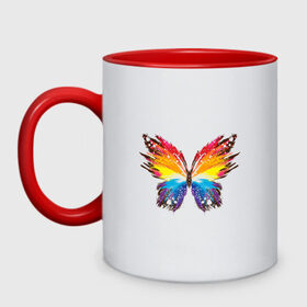 Кружка двухцветная с принтом бабочка краской в Санкт-Петербурге, керамика | объем — 330 мл, диаметр — 80 мм. Цветная ручка и кайма сверху, в некоторых цветах — вся внутренняя часть | бабочка | беспозвоночные | брызги | градиент | краска | красочная | крылья | лето | мотыльки и бабочки | насекомое | насекомые | радуга | ярко