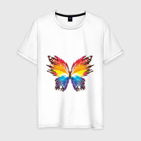 Мужская футболка хлопок с принтом бабочка краской в Санкт-Петербурге, 100% хлопок | прямой крой, круглый вырез горловины, длина до линии бедер, слегка спущенное плечо. | бабочка | беспозвоночные | брызги | градиент | краска | красочная | крылья | лето | мотыльки и бабочки | насекомое | насекомые | радуга | ярко