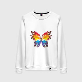 Женский свитшот хлопок с принтом бабочка краской в Санкт-Петербурге, 100% хлопок | прямой крой, круглый вырез, на манжетах и по низу широкая трикотажная резинка  | бабочка | беспозвоночные | брызги | градиент | краска | красочная | крылья | лето | мотыльки и бабочки | насекомое | насекомые | радуга | ярко