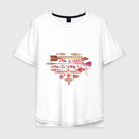 Мужская футболка хлопок Oversize с принтом сердечко индейцы в Санкт-Петербурге, 100% хлопок | свободный крой, круглый ворот, “спинка” длиннее передней части | акварель | индейцы | краска | рисунок | сердечко | узор