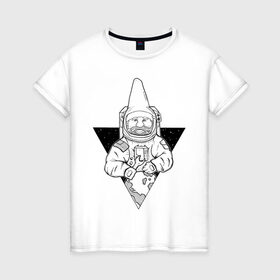 Женская футболка хлопок с принтом Gnome Chompski Astronaut в Санкт-Петербурге, 100% хлопок | прямой крой, круглый вырез горловины, длина до линии бедер, слегка спущенное плечо | garden gnome | gnome alone | little rocket man | гном чомски | маленький космонавт | один гнома | садовый гном