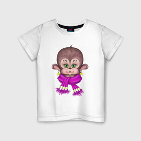 Детская футболка хлопок с принтом Обезьянка модница в Санкт-Петербурге, 100% хлопок | круглый вырез горловины, полуприлегающий силуэт, длина до линии бедер | мультяшный стиль | обезьяна | обезьянка | принты для девочек | рисунок обезьяны | смешная обезьянка