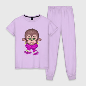 Женская пижама хлопок с принтом Обезьянка модница в Санкт-Петербурге, 100% хлопок | брюки и футболка прямого кроя, без карманов, на брюках мягкая резинка на поясе и по низу штанин | мультяшный стиль | обезьяна | обезьянка | принты для девочек | рисунок обезьяны | смешная обезьянка