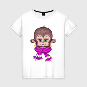 Женская футболка хлопок с принтом Обезьянка модница в Санкт-Петербурге, 100% хлопок | прямой крой, круглый вырез горловины, длина до линии бедер, слегка спущенное плечо | мультяшный стиль | обезьяна | обезьянка | принты для девочек | рисунок обезьяны | смешная обезьянка