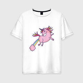 Женская футболка хлопок Oversize с принтом Единорог пукает радугой в Санкт-Петербурге, 100% хлопок | свободный крой, круглый ворот, спущенный рукав, длина до линии бедер
 | chubby | fart | pink | rainbow | unicorn | газ | газы | единорог для детей | единорожка | животное | конь | лошадка | на радуге | неприличный единорог | облако | облачко | прикол | радуга | рог | розовое облако