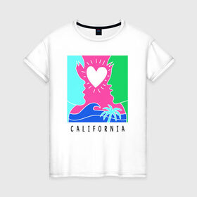 Женская футболка хлопок с принтом CALIFORNIA в Санкт-Петербурге, 100% хлопок | прямой крой, круглый вырез горловины, длина до линии бедер, слегка спущенное плечо | california | love | закат | калифорния | любовь | пляж | поцелуй | романтика