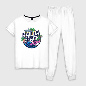 Женская пижама хлопок с принтом Kailua beach в Санкт-Петербурге, 100% хлопок | брюки и футболка прямого кроя, без карманов, на брюках мягкая резинка на поясе и по низу штанин | kailua beach | акула | закат | отдых | пальма | пляж