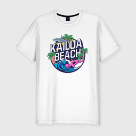 Мужская футболка хлопок Slim с принтом Kailua beach в Санкт-Петербурге, 92% хлопок, 8% лайкра | приталенный силуэт, круглый вырез ворота, длина до линии бедра, короткий рукав | kailua beach | акула | закат | отдых | пальма | пляж