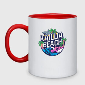 Кружка двухцветная с принтом Kailua beach в Санкт-Петербурге, керамика | объем — 330 мл, диаметр — 80 мм. Цветная ручка и кайма сверху, в некоторых цветах — вся внутренняя часть | kailua beach | акула | закат | отдых | пальма | пляж