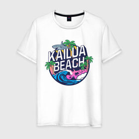 Мужская футболка хлопок с принтом Kailua beach в Санкт-Петербурге, 100% хлопок | прямой крой, круглый вырез горловины, длина до линии бедер, слегка спущенное плечо. | kailua beach | акула | закат | отдых | пальма | пляж