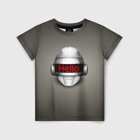 Детская футболка 3D с принтом Daft Punk Hello в Санкт-Петербурге, 100% гипоаллергенный полиэфир | прямой крой, круглый вырез горловины, длина до линии бедер, чуть спущенное плечо, ткань немного тянется | Тематика изображения на принте: ги мануэль де омем кристо | ню диско | синти поп | техно | тома бангальтер | фанк | французский хаус | электроник рок
