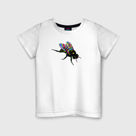 Детская футболка хлопок с принтом Радужная Муха в Санкт-Петербурге, 100% хлопок | круглый вырез горловины, полуприлегающий силуэт, длина до линии бедер | животные | крылья | мульт | муха | насекомые | паттерн | полосатый | радуга | текстура | узор | цветы