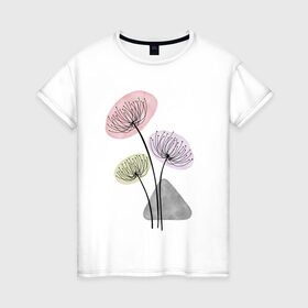 Женская футболка хлопок с принтом Одуванчики в Санкт-Петербурге, 100% хлопок | прямой крой, круглый вырез горловины, длина до линии бедер, слегка спущенное плечо | Тематика изображения на принте: зонтики | лето | растения | серый. одуванчик | сиреневый | сухоцветы | цветы