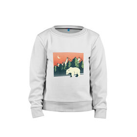 Детский свитшот хлопок с принтом Белый медведь пейзаж с горами в Санкт-Петербурге, 100% хлопок | круглый вырез горловины, эластичные манжеты, пояс и воротник | Тематика изображения на принте: landscape | moon | mountain | mountains | north pole | polar | polar bear | russian bear | антарктида | антарктика | арктика | горы | дикая природа | лес | луна | медвежонок | мишка | полярный медведь | природа | русский медведь