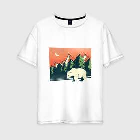 Женская футболка хлопок Oversize с принтом Белый медведь пейзаж с горами в Санкт-Петербурге, 100% хлопок | свободный крой, круглый ворот, спущенный рукав, длина до линии бедер
 | landscape | moon | mountain | mountains | north pole | polar | polar bear | russian bear | антарктида | антарктика | арктика | горы | дикая природа | лес | луна | медвежонок | мишка | полярный медведь | природа | русский медведь