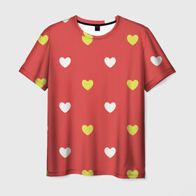 Мужская футболка 3D с принтом Сердечки на красном паттерн в Санкт-Петербурге, 100% полиэфир | прямой крой, круглый вырез горловины, длина до линии бедер | background | design | fabric | heart | love | pattern | red | romance | romantic | seamless | valentine | красный | любовь | рисунок | романтика | сердце | узор