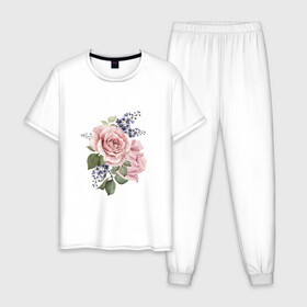 Мужская пижама хлопок с принтом Цветы в Санкт-Петербурге, 100% хлопок | брюки и футболка прямого кроя, без карманов, на брюках мягкая резинка на поясе и по низу штанин
 | букет | весна | любовь | март | роза