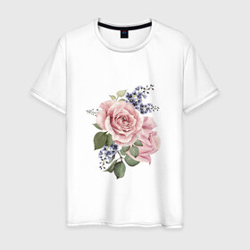 Мужская футболка хлопок с принтом Цветы в Санкт-Петербурге, 100% хлопок | прямой крой, круглый вырез горловины, длина до линии бедер, слегка спущенное плечо. | букет | весна | любовь | март | роза