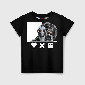 Детская футболка 3D с принтом Андроид XBOT 4000 в Санкт-Петербурге, 100% гипоаллергенный полиэфир | прямой крой, круглый вырез горловины, длина до линии бедер, чуть спущенное плечо, ткань немного тянется | андроид | белочерный | белый | знак | кот | котик | кошка | любовь | механизм | робот | роботы | черный