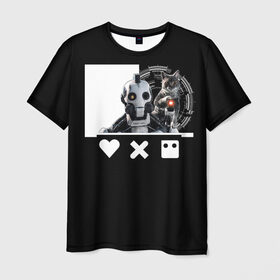 Мужская футболка 3D с принтом Андроид XBOT 4000 в Санкт-Петербурге, 100% полиэфир | прямой крой, круглый вырез горловины, длина до линии бедер | андроид | белочерный | белый | знак | кот | котик | кошка | любовь | механизм | робот | роботы | черный