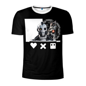 Мужская футболка 3D спортивная с принтом Андроид XBOT 4000 в Санкт-Петербурге, 100% полиэстер с улучшенными характеристиками | приталенный силуэт, круглая горловина, широкие плечи, сужается к линии бедра | андроид | белочерный | белый | знак | кот | котик | кошка | любовь | механизм | робот | роботы | черный