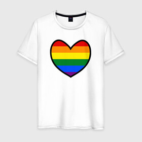 Мужская футболка хлопок с принтом Радужное сердце  в Санкт-Петербурге, 100% хлопок | прямой крой, круглый вырез горловины, длина до линии бедер, слегка спущенное плечо. | много цветов | радуга | радужная | радужное сердце | разноцветная | разноцветный | сердечко | сердце | цвета радуги | цветная | цветной