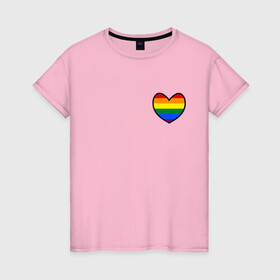 Женская футболка хлопок с принтом Радужное сердце  в Санкт-Петербурге, 100% хлопок | прямой крой, круглый вырез горловины, длина до линии бедер, слегка спущенное плечо | много цветов | радуга | радужная | радужное сердце | разноцветная | разноцветный | сердечко | сердце | цвета радуги | цветная | цветной