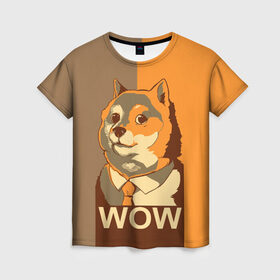 Женская футболка 3D с принтом Doge Wow в Санкт-Петербурге, 100% полиэфир ( синтетическое хлопкоподобное полотно) | прямой крой, круглый вырез горловины, длина до линии бедер | animal | art | dog | doge | dogecoin | many x | mem | meme | new | poster | such x | wave | wow | арт | в | галстук | галстуке | двухцветная | животное | зверь | имени | кабосу | мем | мемас | мэм | по | постер | сиба ину | собака | хищник
