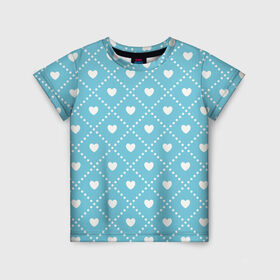 Детская футболка 3D с принтом Белые сердечки на голубом фоне в Санкт-Петербурге, 100% гипоаллергенный полиэфир | прямой крой, круглый вырез горловины, длина до линии бедер, чуть спущенное плечо, ткань немного тянется | белый | квадраты | многоугольники. точки | ромбы | сердце | узор | фон